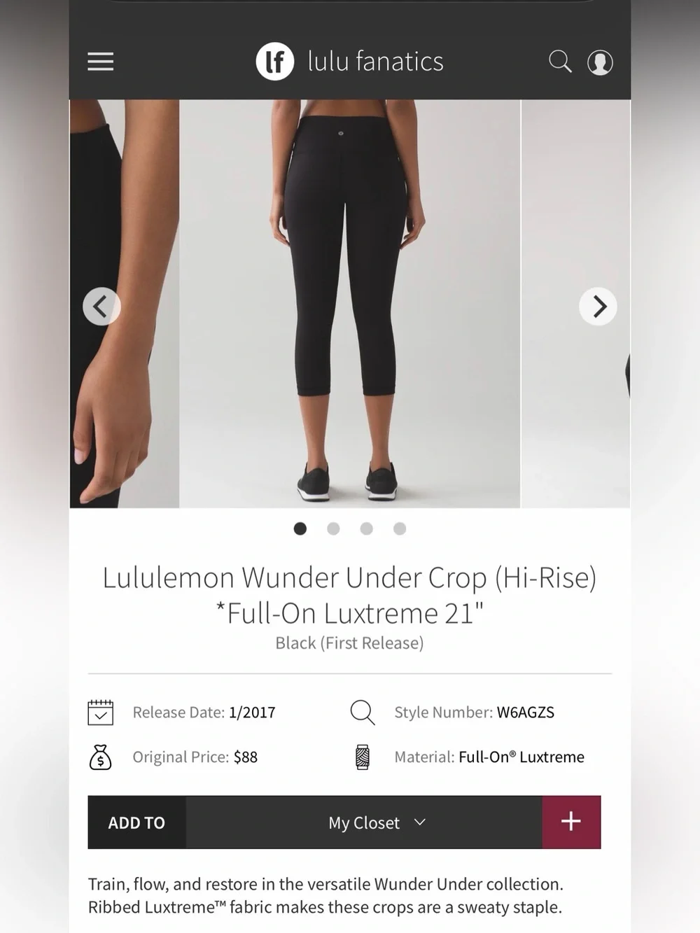 Lululemon women’s black wunder under crop hi rise  21” leggings size 6